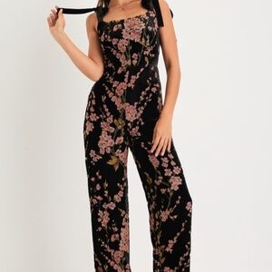 Lush Aesthetic Black Floral Burnout Tie-Strap Wide-Leg Jumpsuit